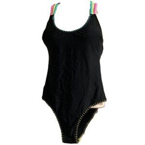 CUPSHE Black One-Piece Swimsuit with Colorful Pastel Straps Womens Medium NEW